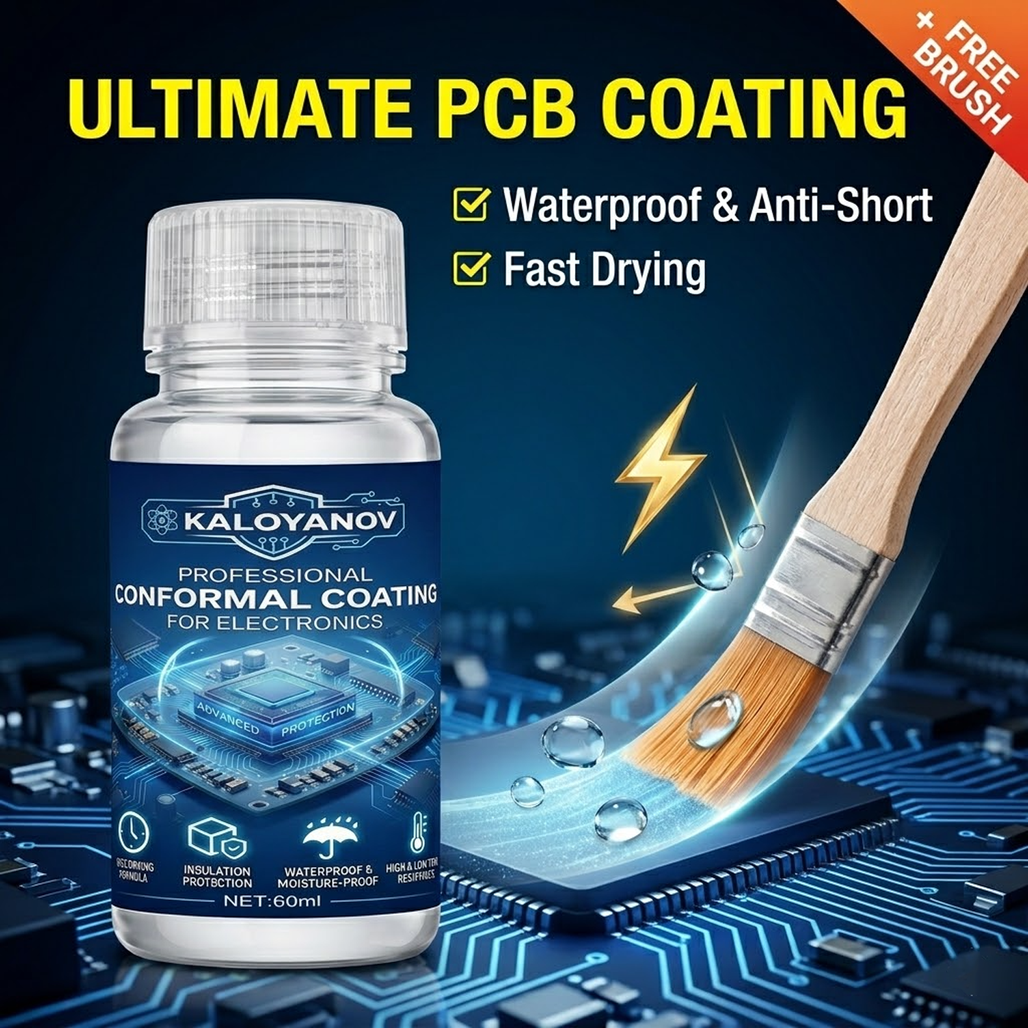 Snel drogende transparante PCB-conformele coating, waterdichte vloeibare isolatieverf, 60 ml, beschermt elektronische printplaten met kwast
