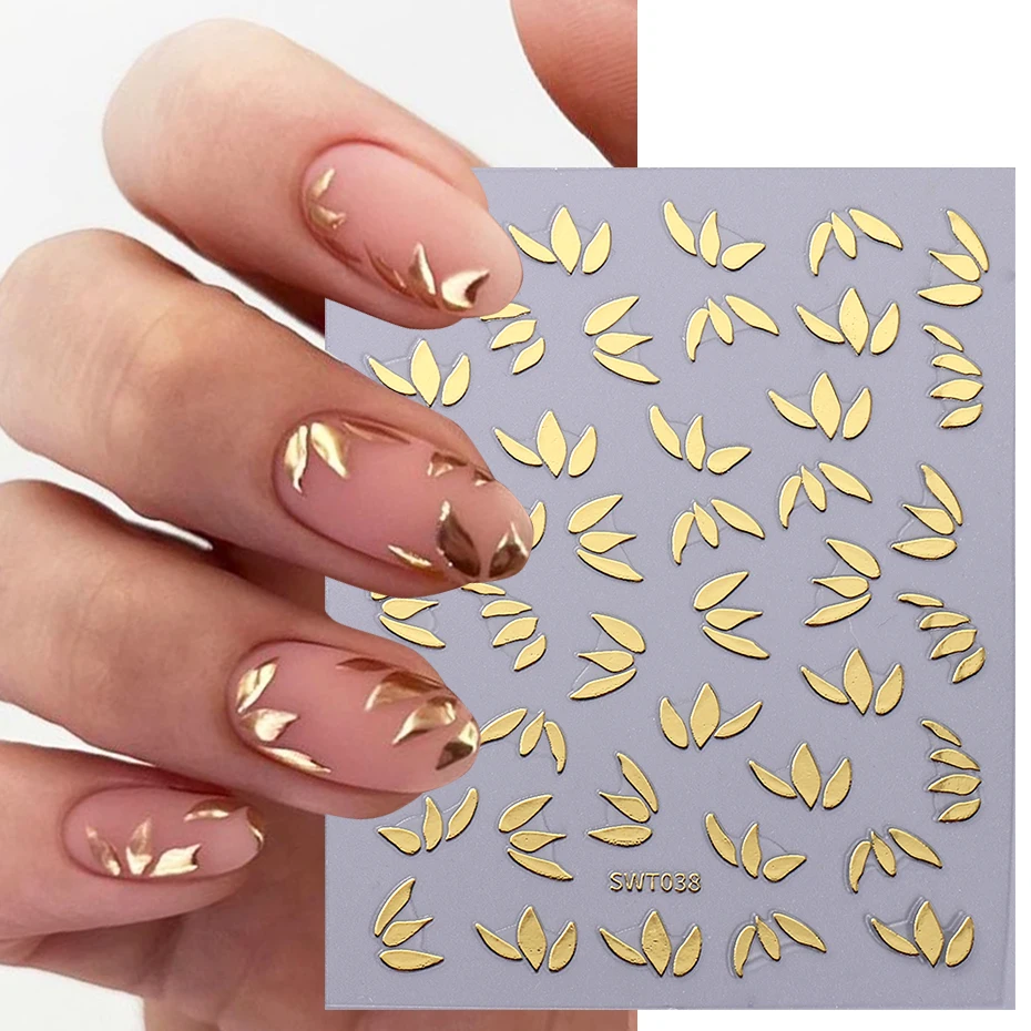 Pegatinas de hoja Simple de Metal para decoración de uñas, flores elegantes, oro rosa, plata, patrón de espejo, abalorio holográfico, láminas de decoración para manicura de pétalos