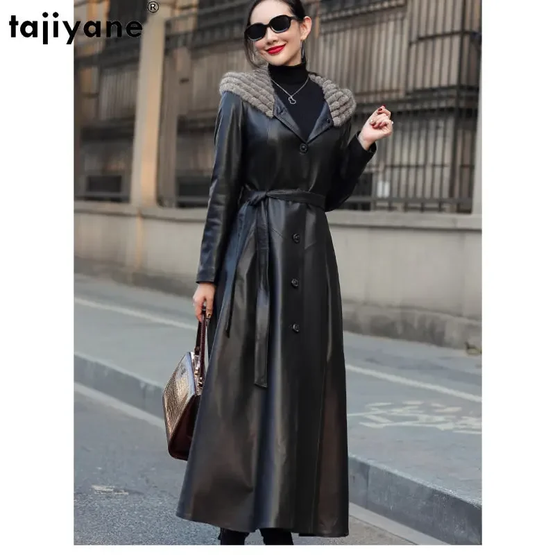 Tajeyane-Chaqueta de plumón de piel de oveja auténtica para mujer, abrigo de cuero Delgado, abrigos de plumón, chaquetas de cuero con capucha, Cuello de piel de visón, Invierno