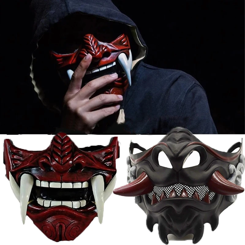Topeng setan Samurai Jepang setengah wajah topeng pesta setan Samurai setan Halloween aksesori pakaian pesta topeng