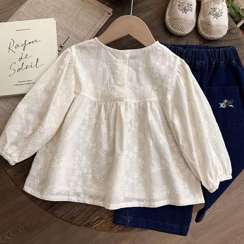 Mori Children Bottoming Shirt Spring and Autumn New Children's Baby Girl Autumn Clothing Lace Embroidered Flower Shirt