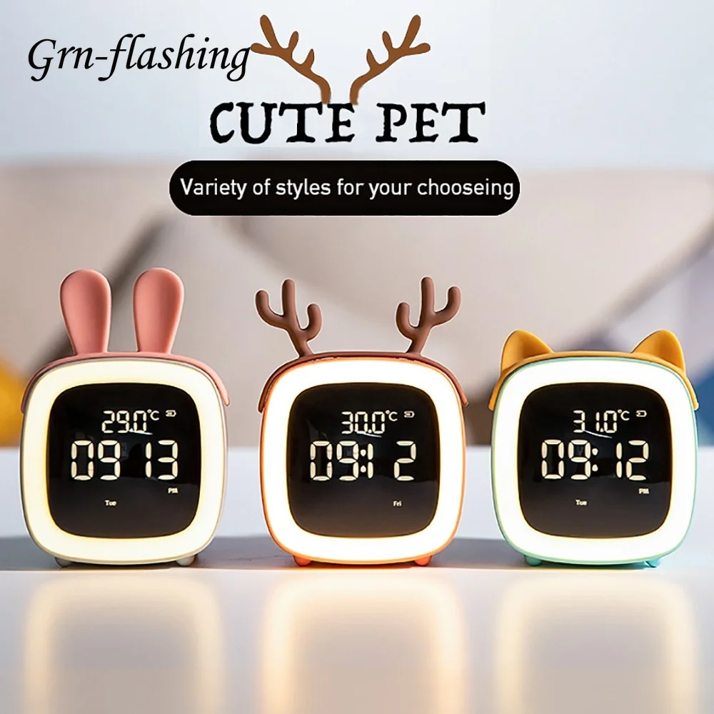 Wiederauf ladbare Cartoon führte Nachtlicht Kinder Schlafzimmer Wecker mit Thermometer Student Geburtstag Geschenk Zimmer Nacht Hirsch Lampe