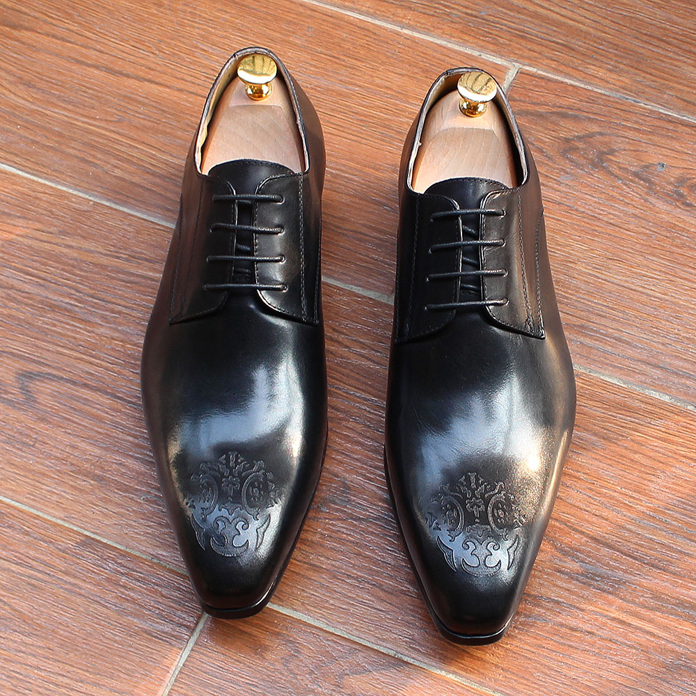 Zapatos de negocios clásicos Oxford Derby de cuero genuino puntiagudos moda con cordones de alta calidad zapato Formal de boda de oficina para hombre