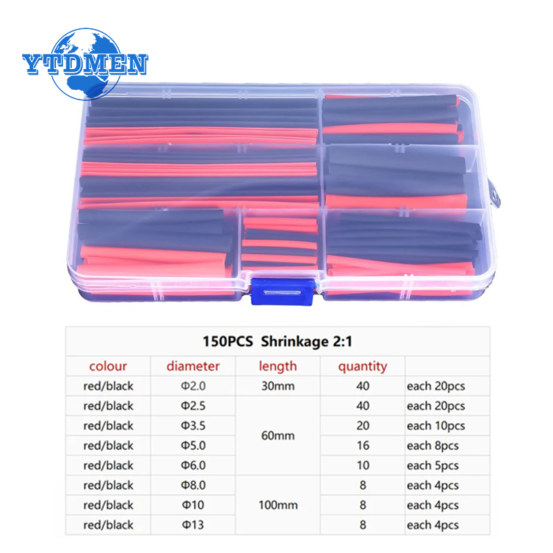 Envoltório retrátil do tubo do psiquiatra da isolação de 150 pces, termorretrátil para cabos tubo termorresistente 2:1 kit de tubulação retrátil