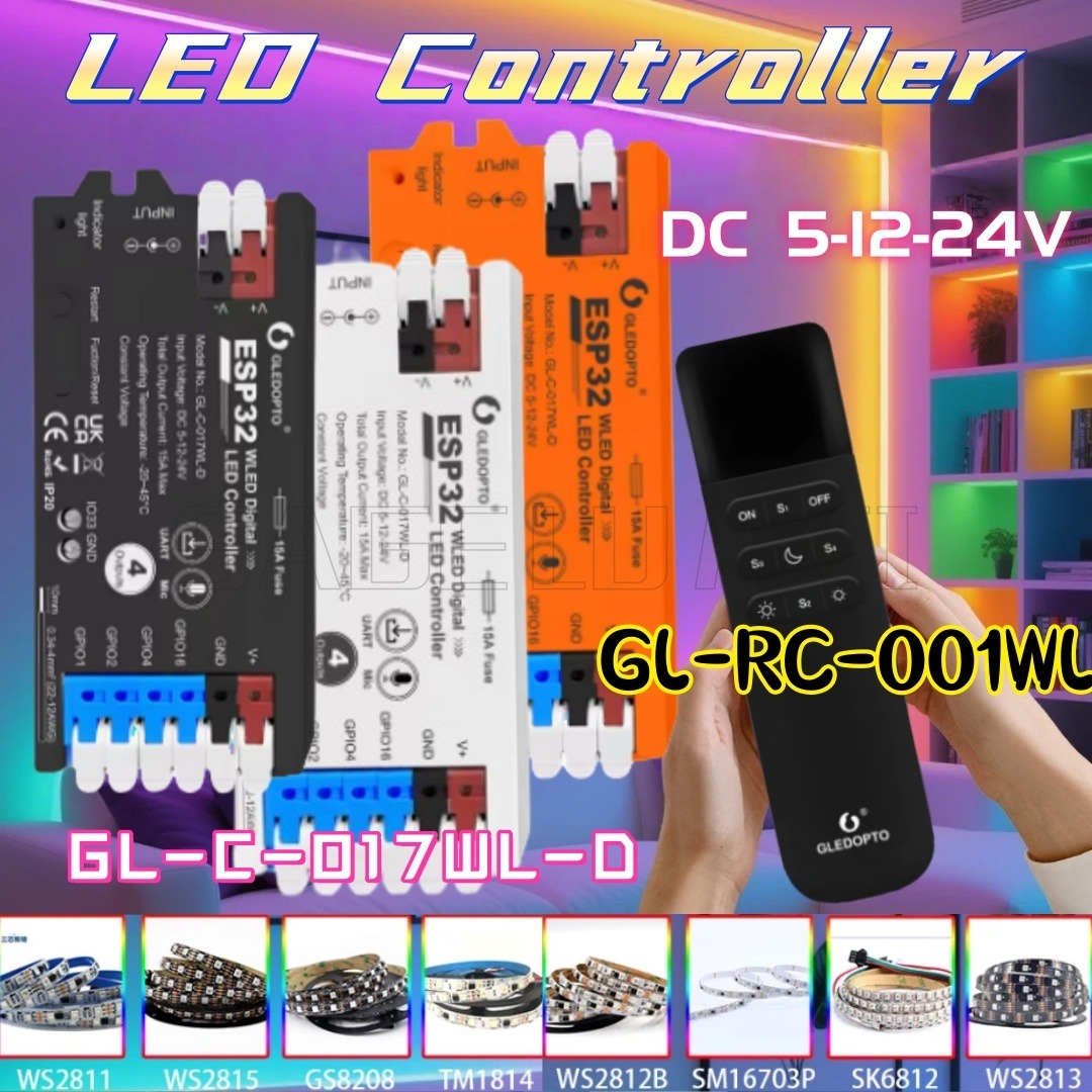 GL-C-017WL-D GLEDOPTO ESP32 WLED Digital LED Controlador Função de microfone Tipo-C nível WS2811 SK6812 TM1814 WS2815 Luz de tira