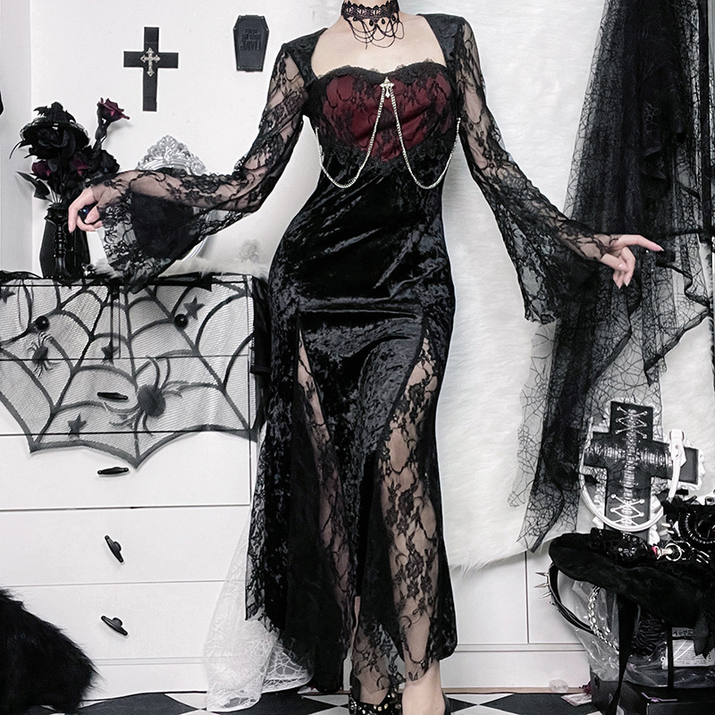 Goth Dark Elegant Mall Gothic ผู้หญิงชุดราตรี Grunge Aesthetic E-สาวกํามะหยี่ Midi ชุดลูกไม้ Splice เซ็กซี่ Alt ชุด