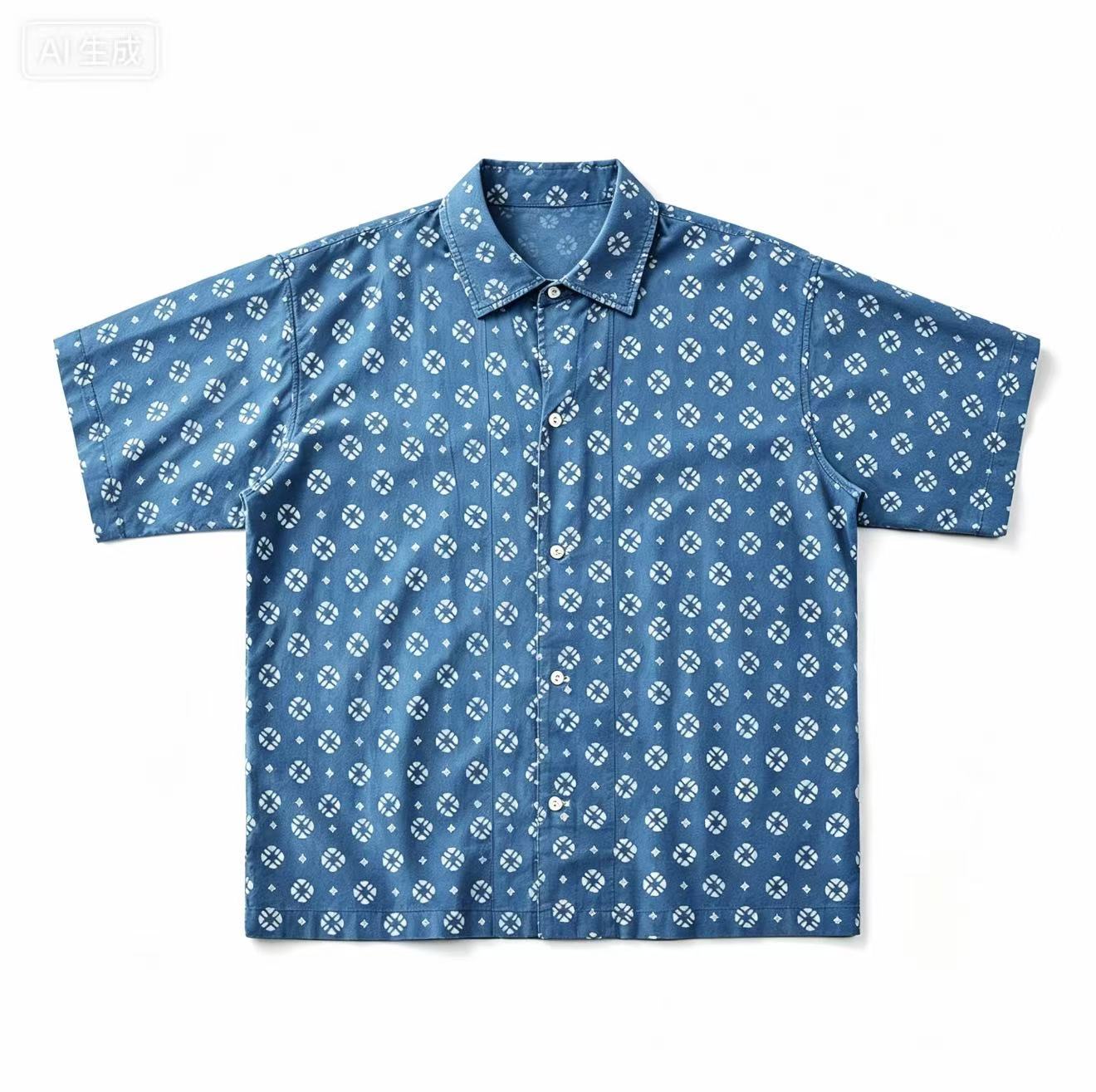 Vintage Indigo Print Shirt Heren Zomer Nieuw Blauw Geverfd Cubaanse revers Korte mouw Single Breasted Shirt Katoen Casual vest Tops