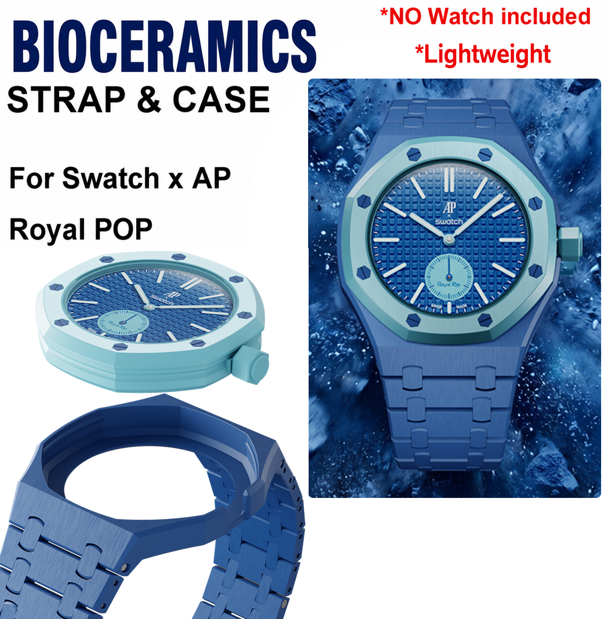 Легкий комплект для модификации из биокерамики Soul Cool для часов Swatch x AP Royal POP: корпус, ремешок, карманный механизм для быстрой смены ремешка на наручном часове.