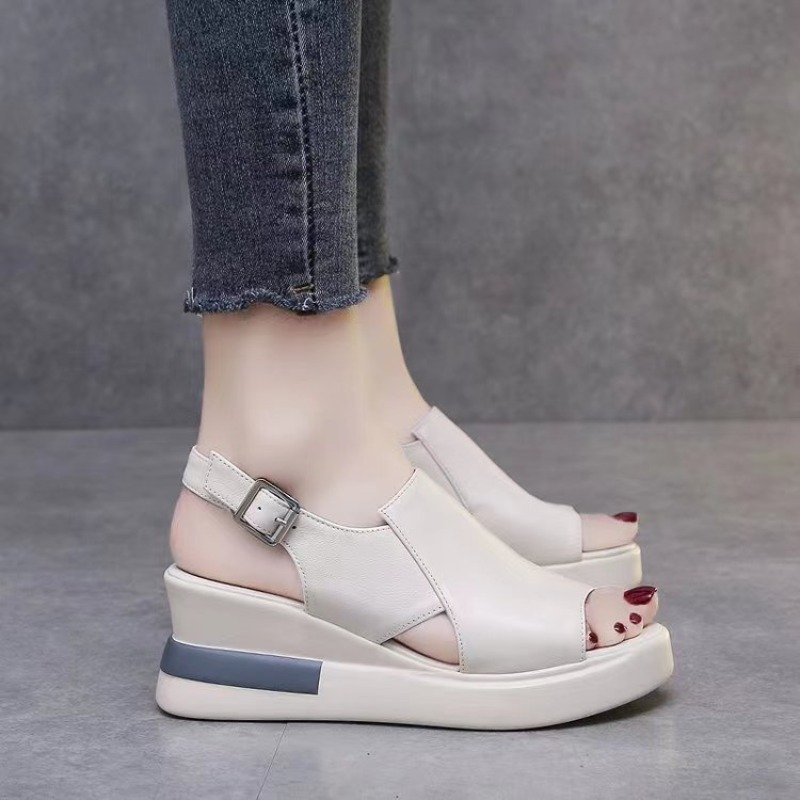 2025 Women's Platform Wedge Sandals New Summer High-heeled Fish Mouth Women's Shoes Soft Leather Heightened Platform Shoes
