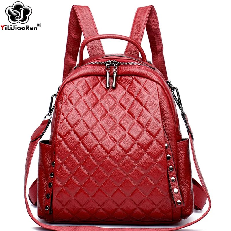 Sac à dos en cuir véritable pour femme, sac à dos à carreaux pour femme, sacs d'école de grande capacité pour adolescentes, designer de luxe, initié