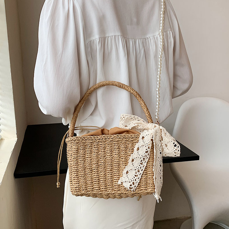 New Pearl Straw Bag ฤดูร้อนทอมือไหล่กระเป๋าหญิงทอตะกร้ากระเป๋าถือสตรีชายหาดสุภาพสตรี Messenger กระเป๋า