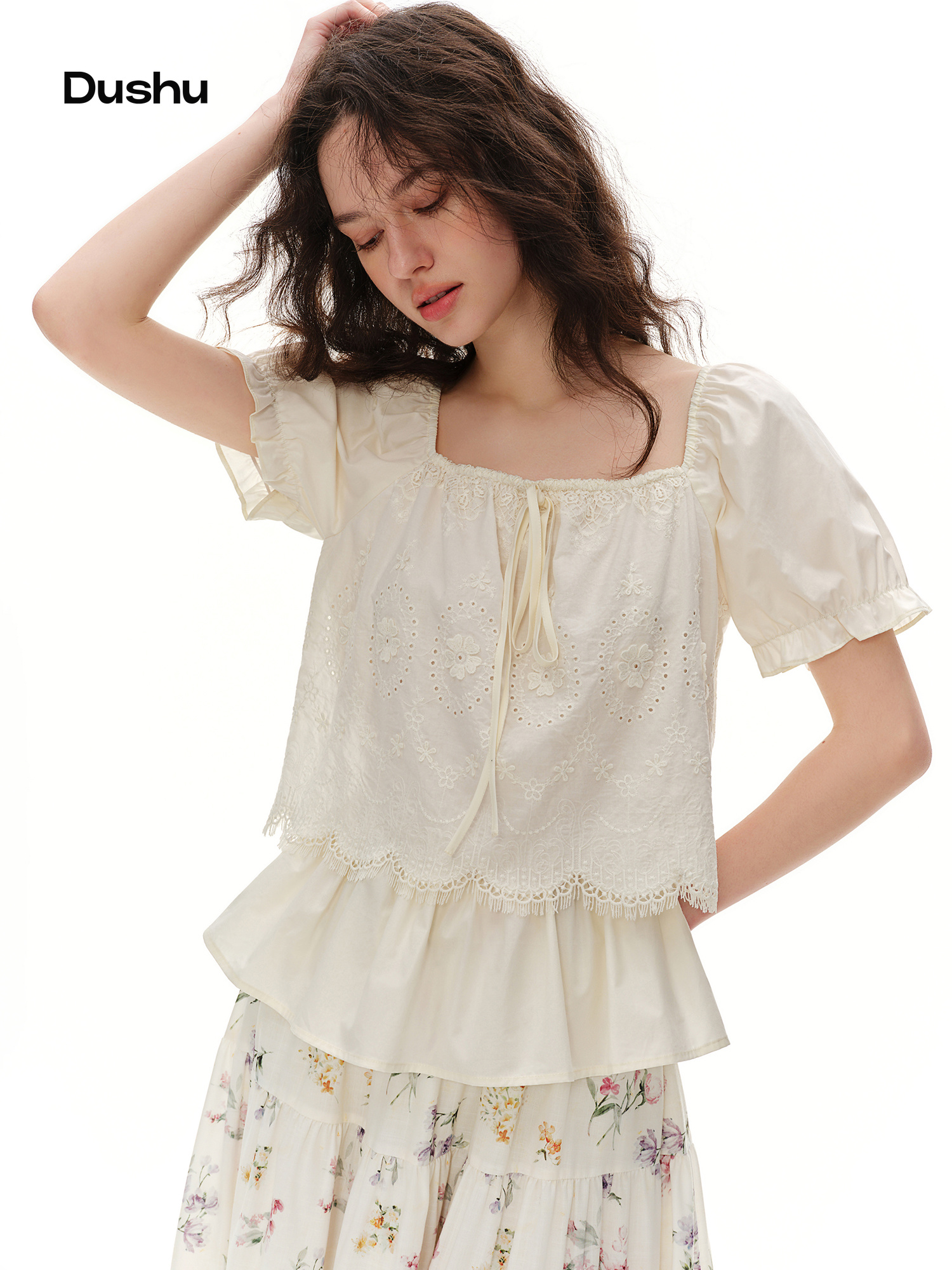 DUSHU 2026 Summer Women's Square Neck Lace Trim Blouse - Garden Cottage Style for Relaxed and Daily Wear