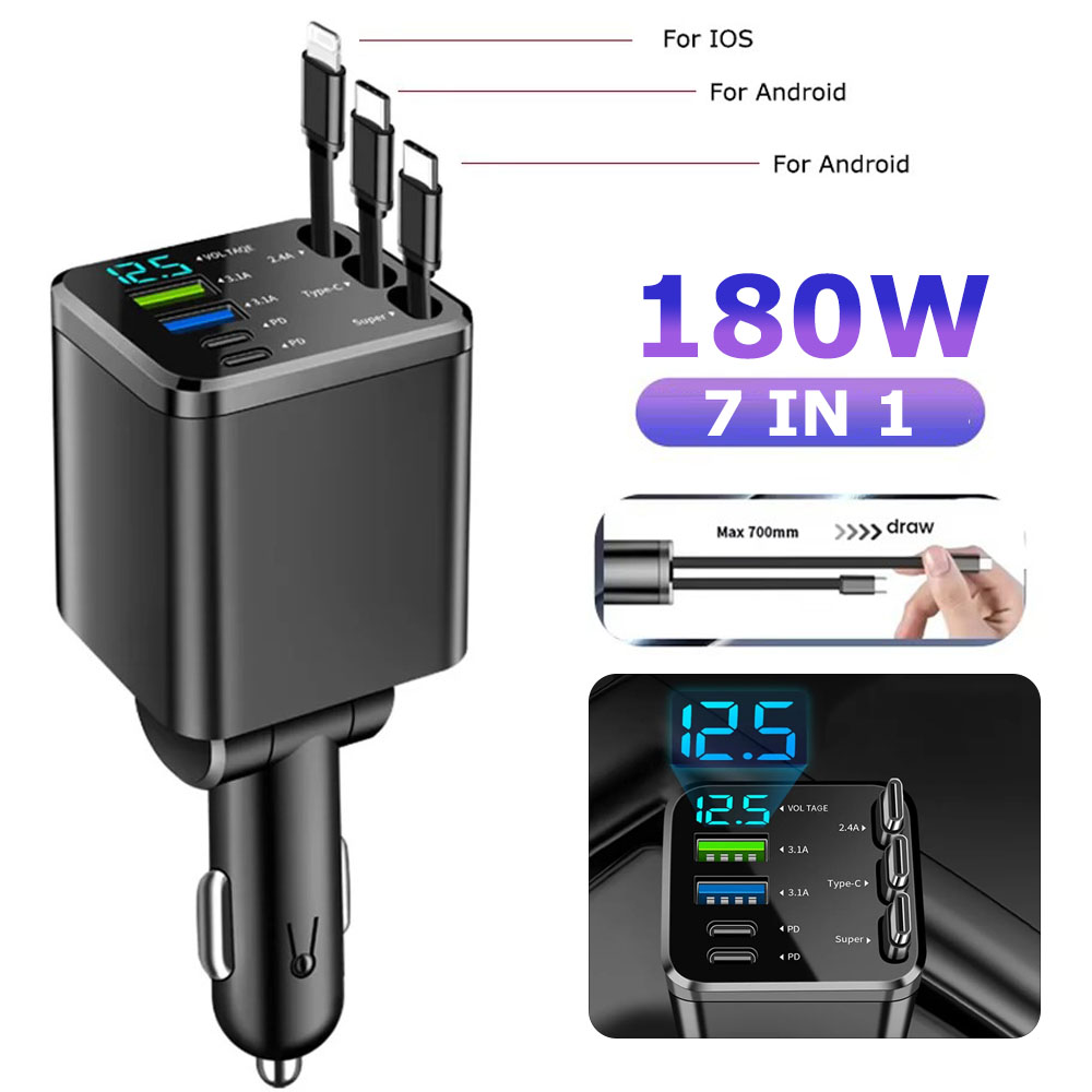 Ładowarka samochodowa 150W PD30W Adapter do zapalniczki samochodowej Wyświetlacz napięcia z wysuwanym kablem Szybka ładowarka 22,5W dla IOS Android