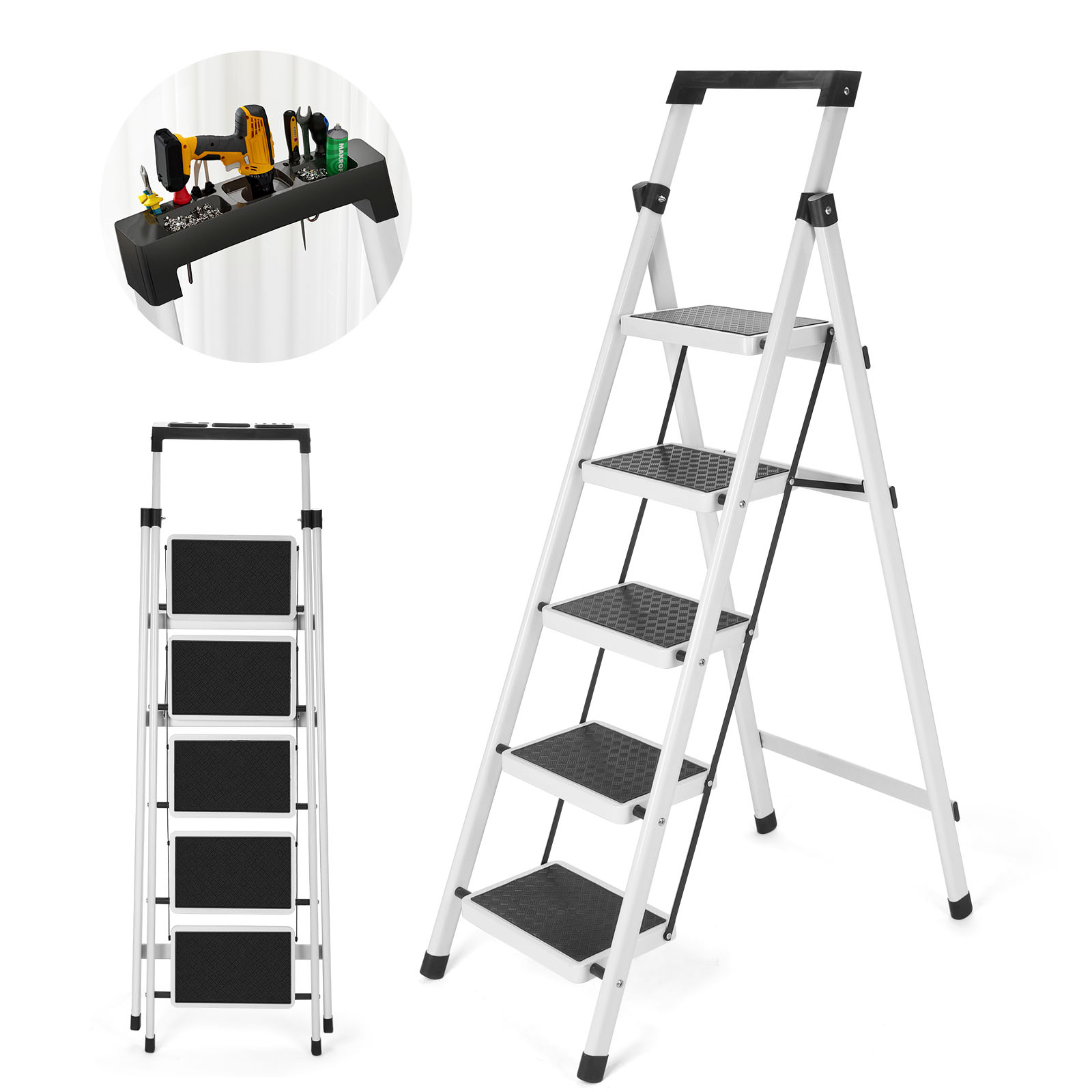 Step Ladder, Folding Step Stool, Heavy-Duty Step Ladder Stool with Handrail Wide Pedal, Anti-Slip Step Ladder with Handgrip
