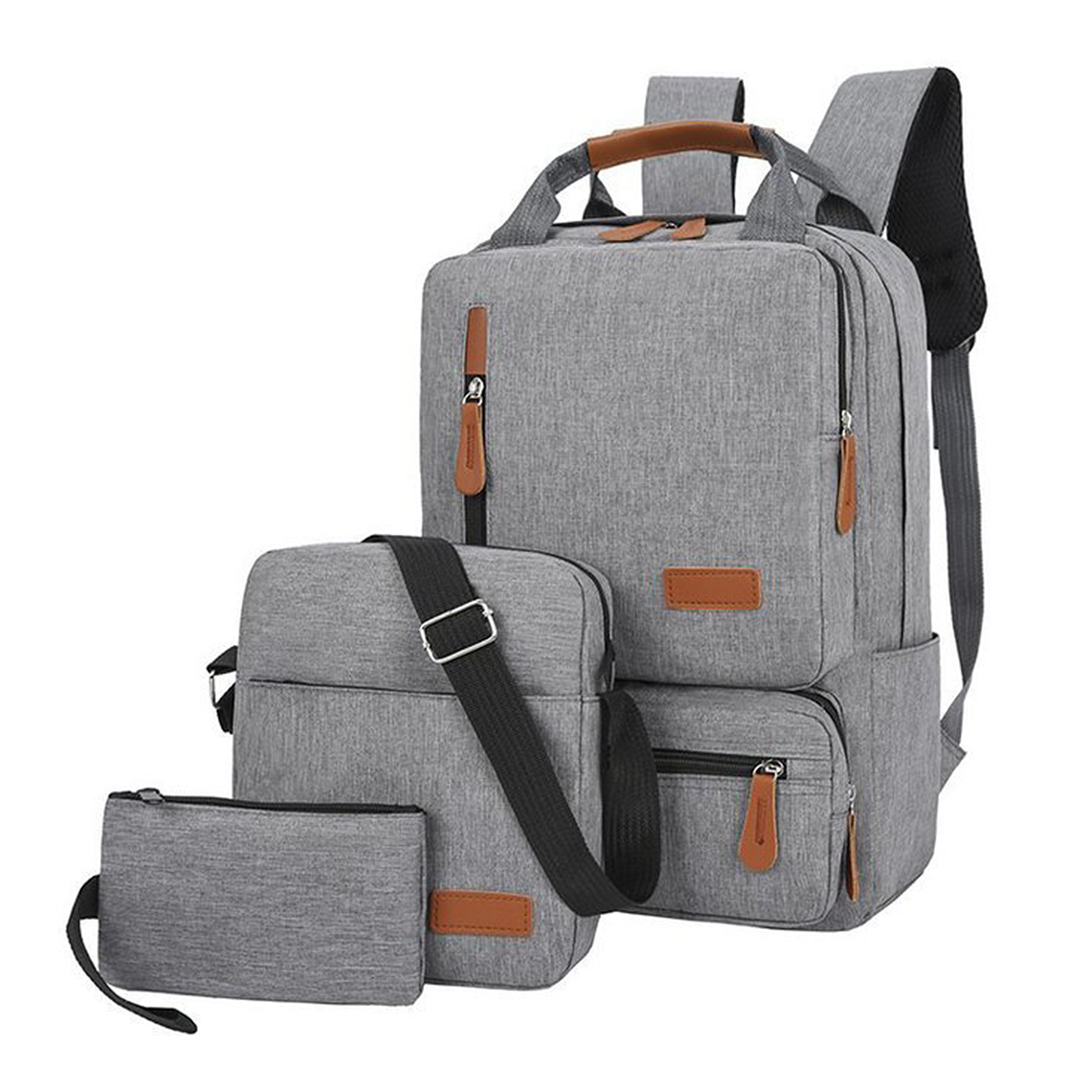 Conjunto de mochila portátil para homens e mulheres, bolsa de ombro, bolso pequeno para viagens, escola, negócios, trabalho, faculdade, 3 unidades
