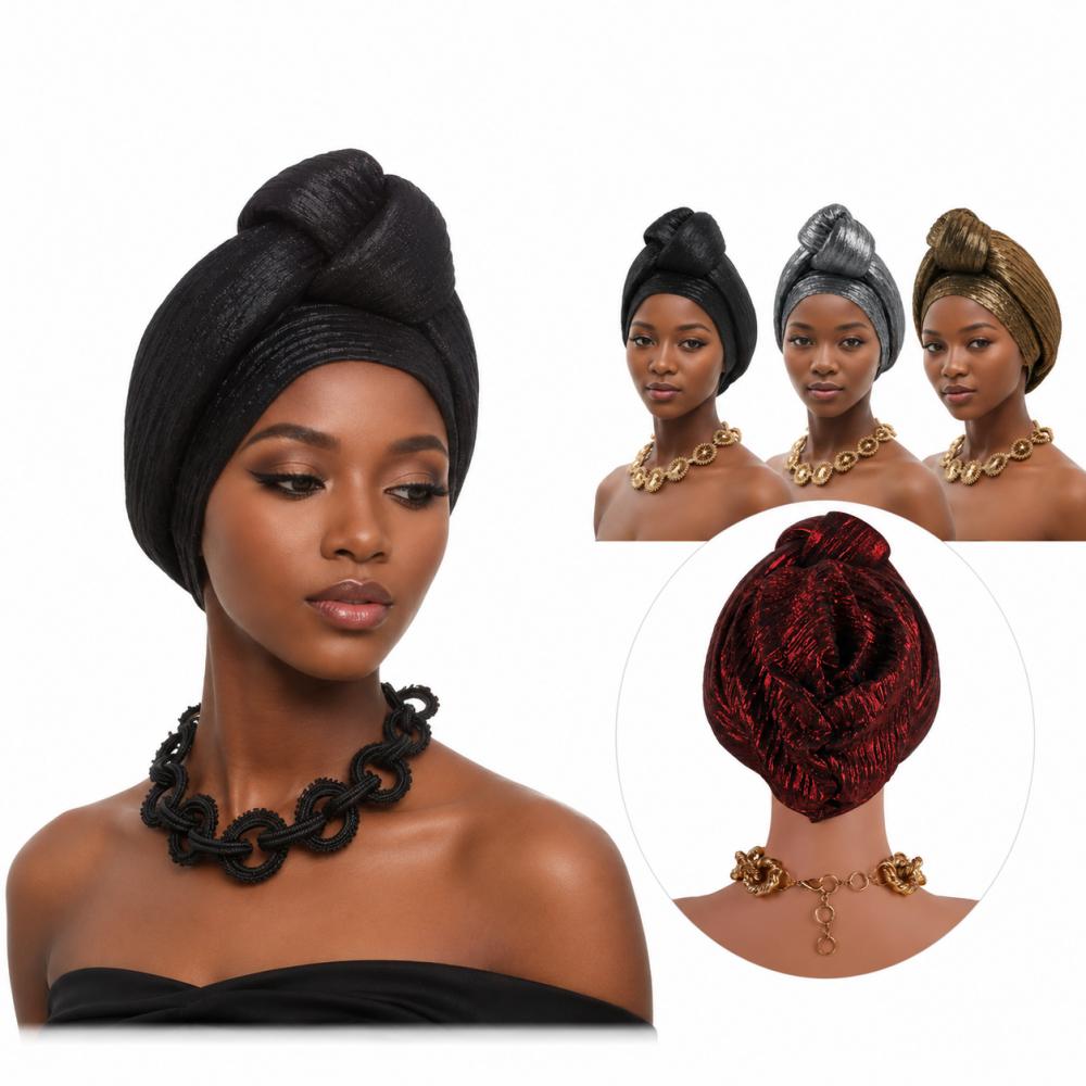 Glänzender, plissierter, vorgebundener Turban-Kopfwickel für afrikanische Frauen, traditionelles Auto-Gele mit Glitzer, bereit zum Tragen bei nigerianischen Hochzeiten.
