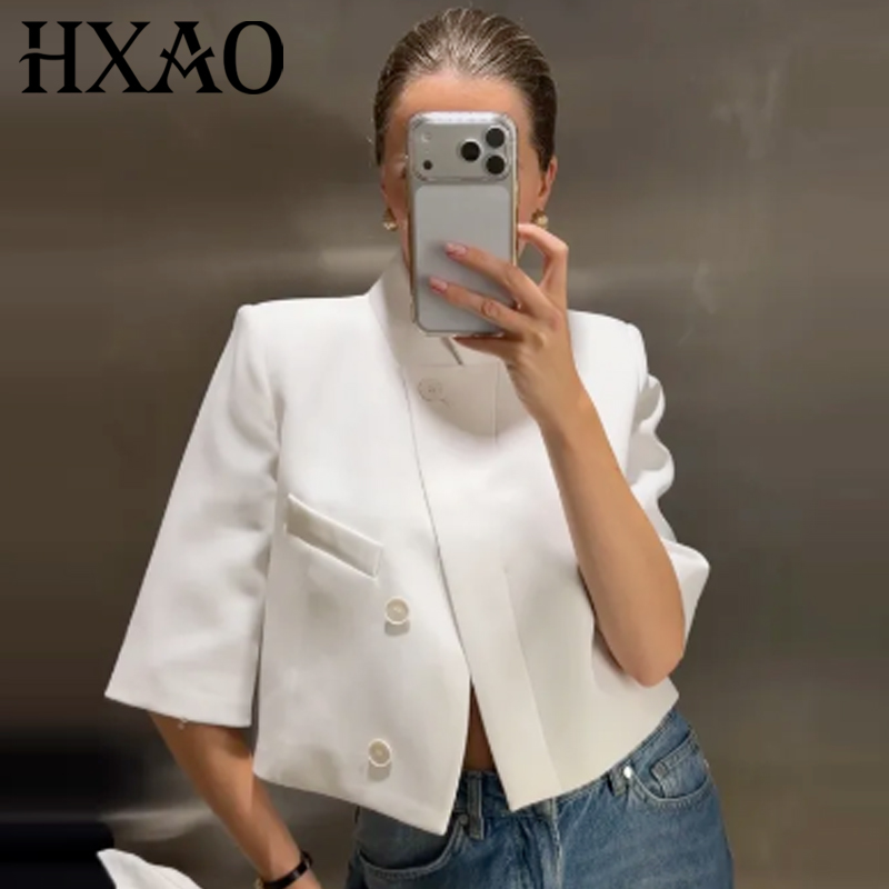 HXAO Asymmetrischer Crop-Blazer für Damen, Sommer 2026, Bürokleidung, Eleganter Kurzarm-Blazer mit Knöpfen, Modische Anzugjacke