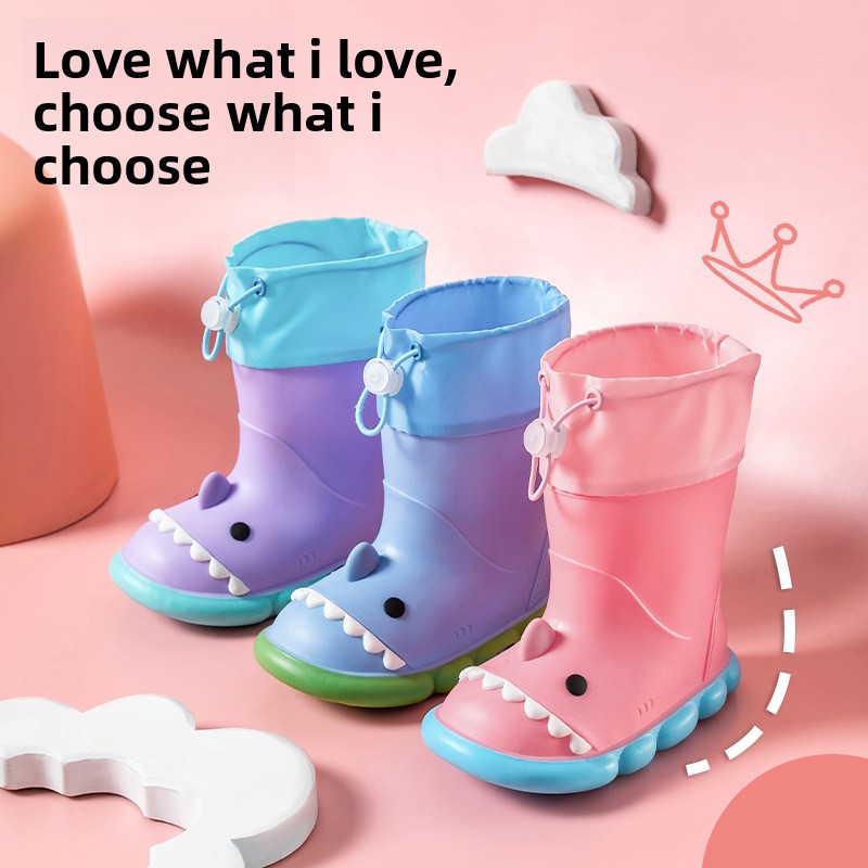 Botas de lluvia de verano e invierno para niños con diseño de tiburón, con banda elástica, antideslizantes, impermeables, con cordón ajustable, para niños y niñas.