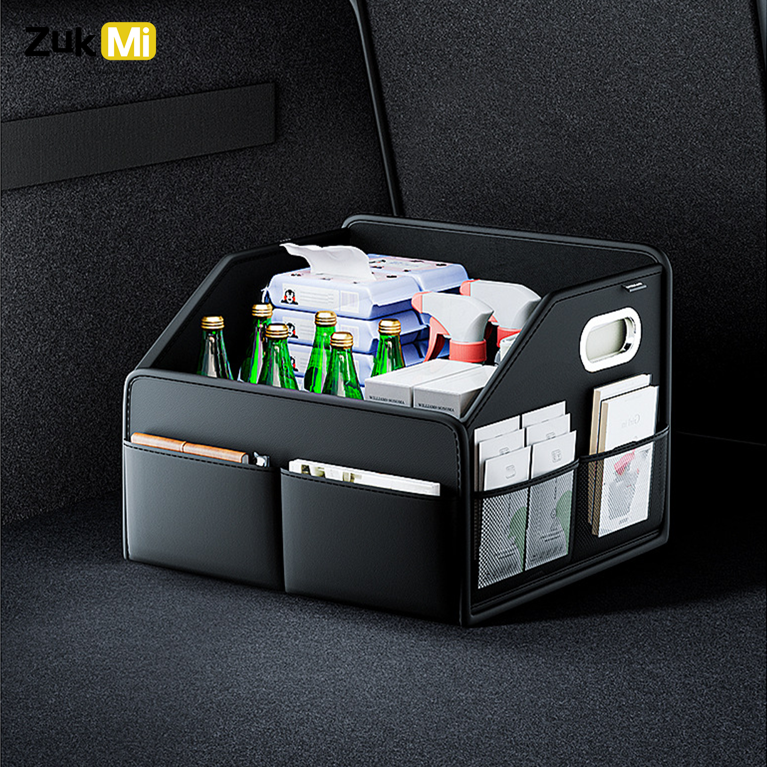 ZukMi Organizer per bagagliaio per auto pieghevole in pelle premium - Scatola portaoggetti universale impermeabile per SUV, sedani e camion (capacità 2,5 litri)
