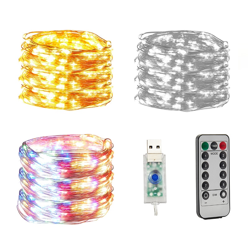 Lampe LED d'intérieur avec télécommande, fil de cuivre, décoration de vacances, ficelle RVB, blanc chaud, USB, nickel é, Noël, nouvel an