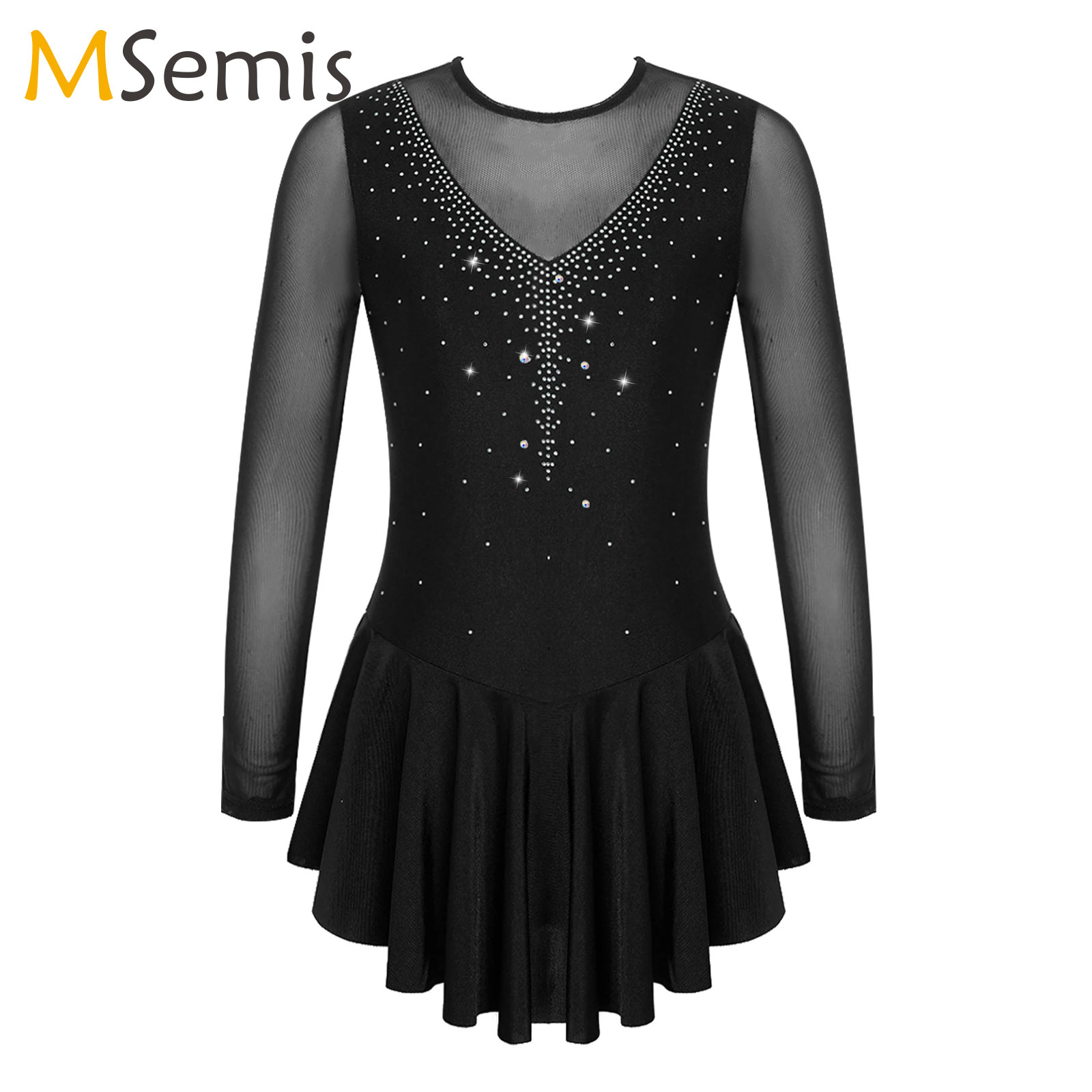 Kids Ballet Tutu Dress Rhinestone Gymnastics Leotards Teen Girl Ballet Mesh Figure Ice Skating Dress Stage Lyrical Dance Costume