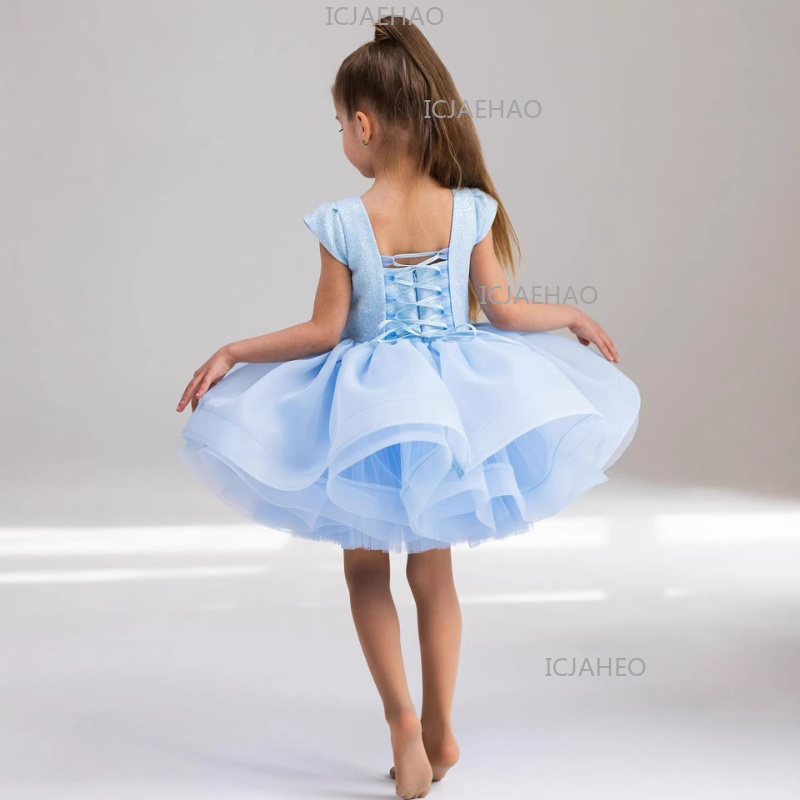 2026 Kleidung Neues Blaues Süßes Kurzarm-Hochzeitskleid für Kinder Französischer Stil Elegantes Mädchen-Blumenmädchen Tutu Prinzessinnenkleid Kostüm