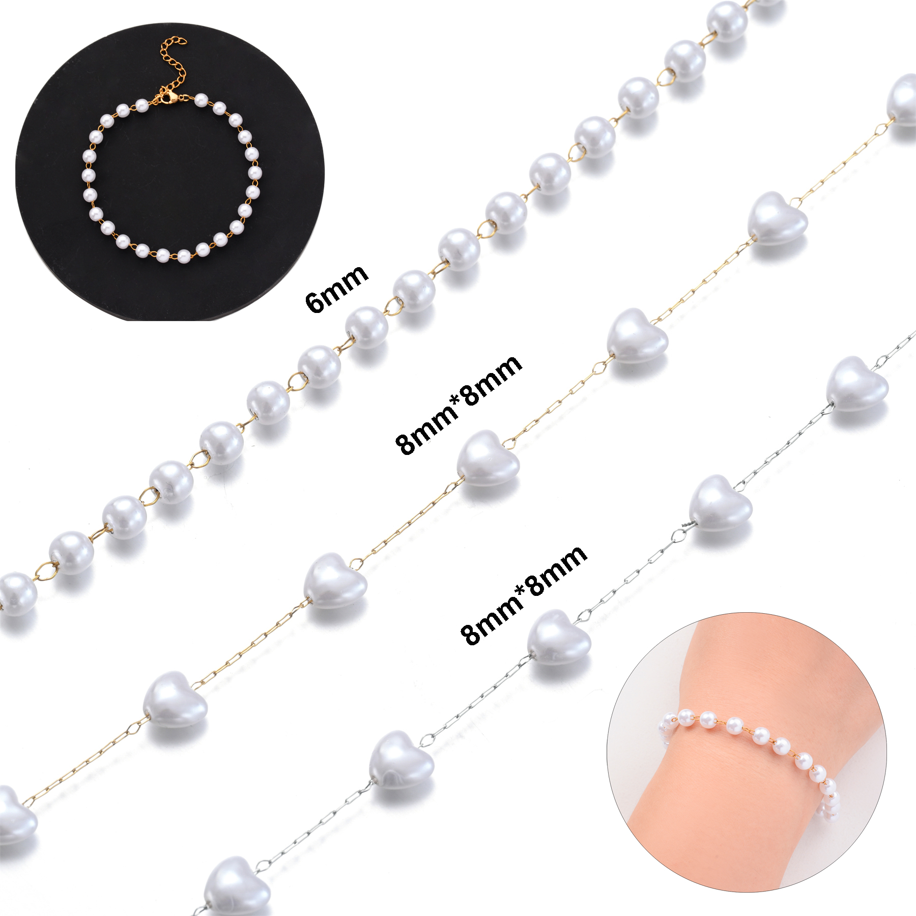 1 unidad de cadena de acero inoxidable hecha a mano con cuentas, pulsera de perlas de imitación con forma de corazón redondo, collar para mujer, regalo de joyería de moda