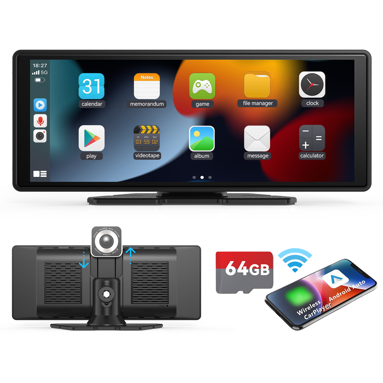 Autoradio Carplay sans fil portable, écran tactile HD 10.26 ", CarPlay, Android Auto, Mirror Link, caméra de recul