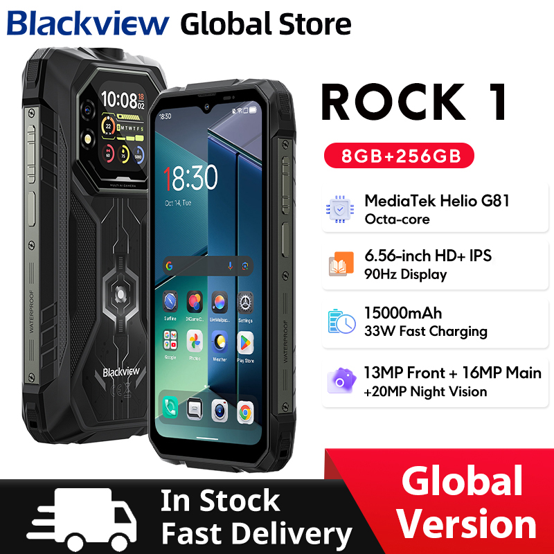 Teléfono Inteligente Resistente Blackview ROCK 1 con IA, Pantalla de 6.56 Pulgadas y 90Hz, 256GB, MediaTek Helio G81, Android 16, NFC, Linterna, Batería de 15000mAh