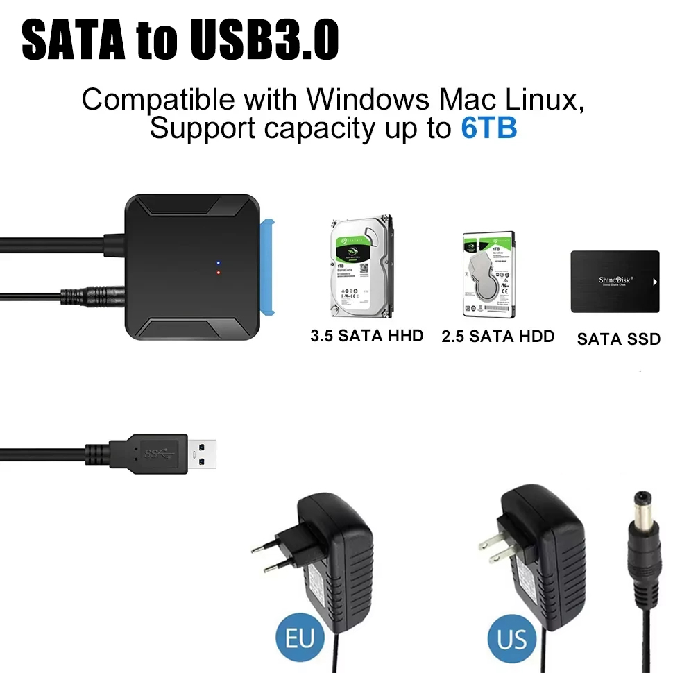USB3.0 a SATA 3,5 HDD Cable SATA III Adaptador de disco duro Convertidor para disco duro HDD SSD de 2,5 "con adaptador de corriente de 12V/2A