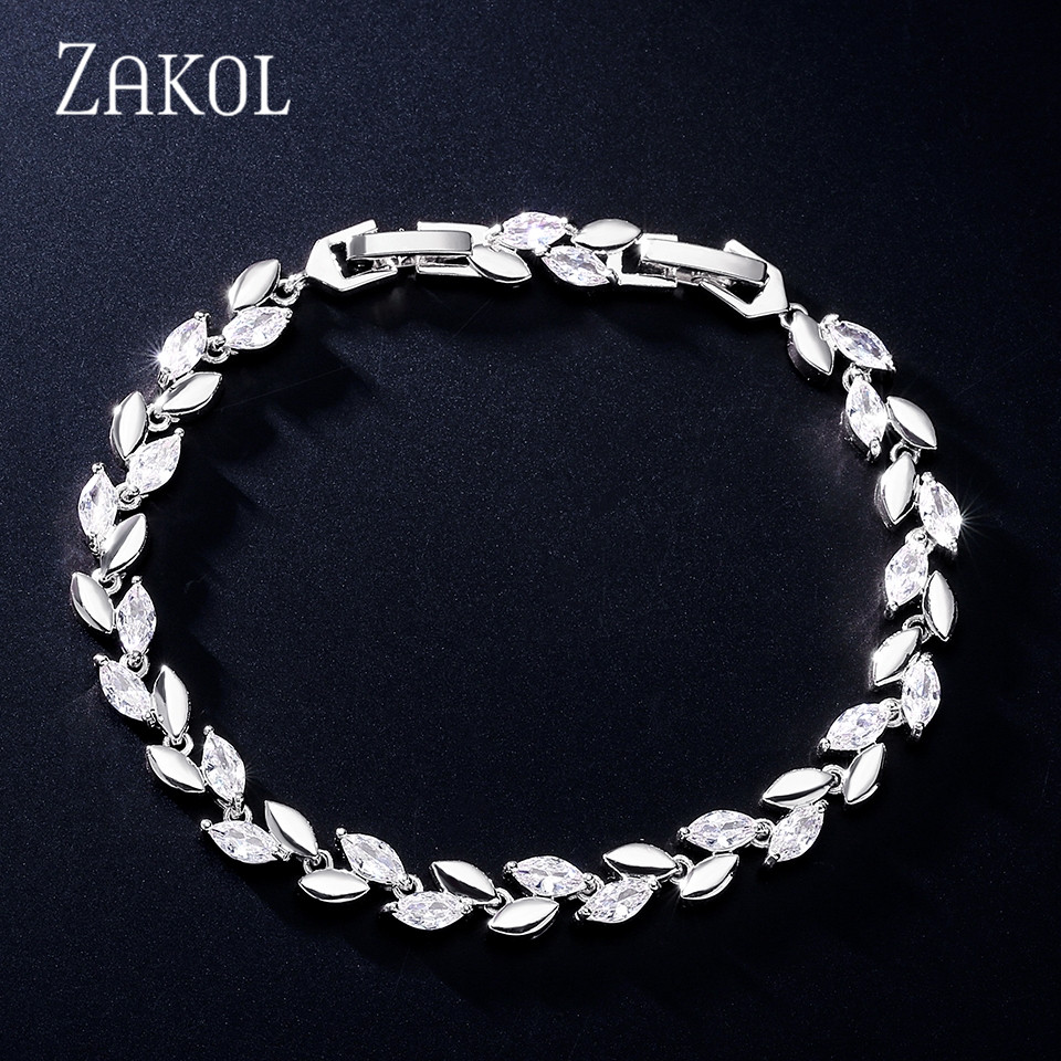 ZAKOL New Trendy Leaf Shaped Cubic Zirconia Bracelet for Women Silver Gold Color Wedding Bride Jewelry Stylish Accessories
