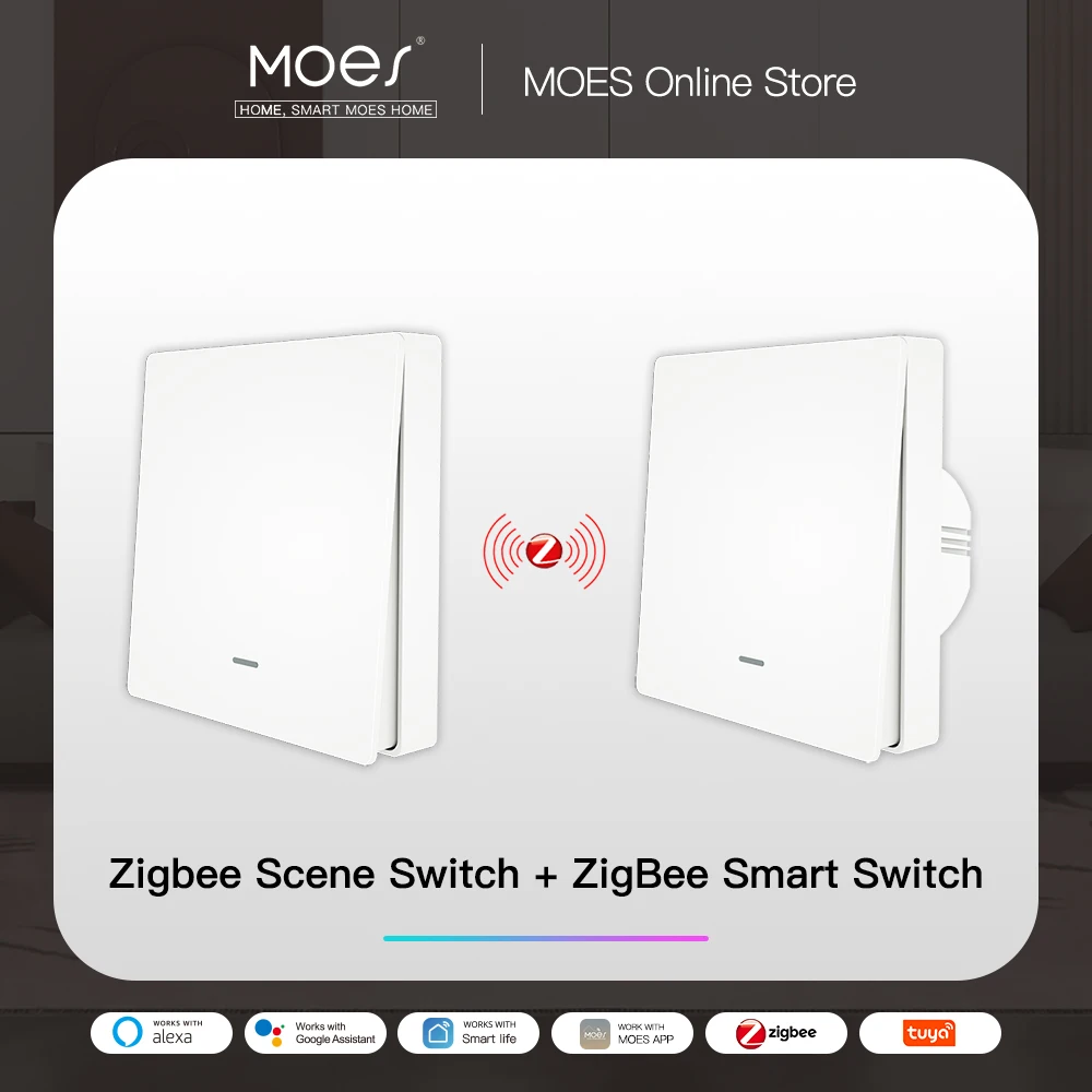 Przełącznik światła MOES Tuya ZigBee z zestawem nadajnika, bez przewodu neutralnego, bez potrzeby użycia kondensatora, współpracuje z Alexa, Google Home, Smart Life