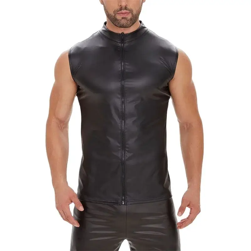 Männer Punk Stil Matte Schwarz Patent Leder Hemd Sommer Ärmellose Zipper Strickjacke Bluse Männlich Slim Fit Stretch Tops Casual Weste