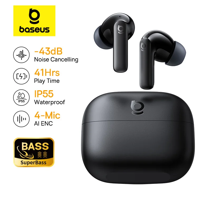 Беспроводные наушники Baseus Bass EP10/BP1 NC с шумоподавлением ANC до -43 дБ, Bluetooth 6.0, внутриканальные, 4 микрофона