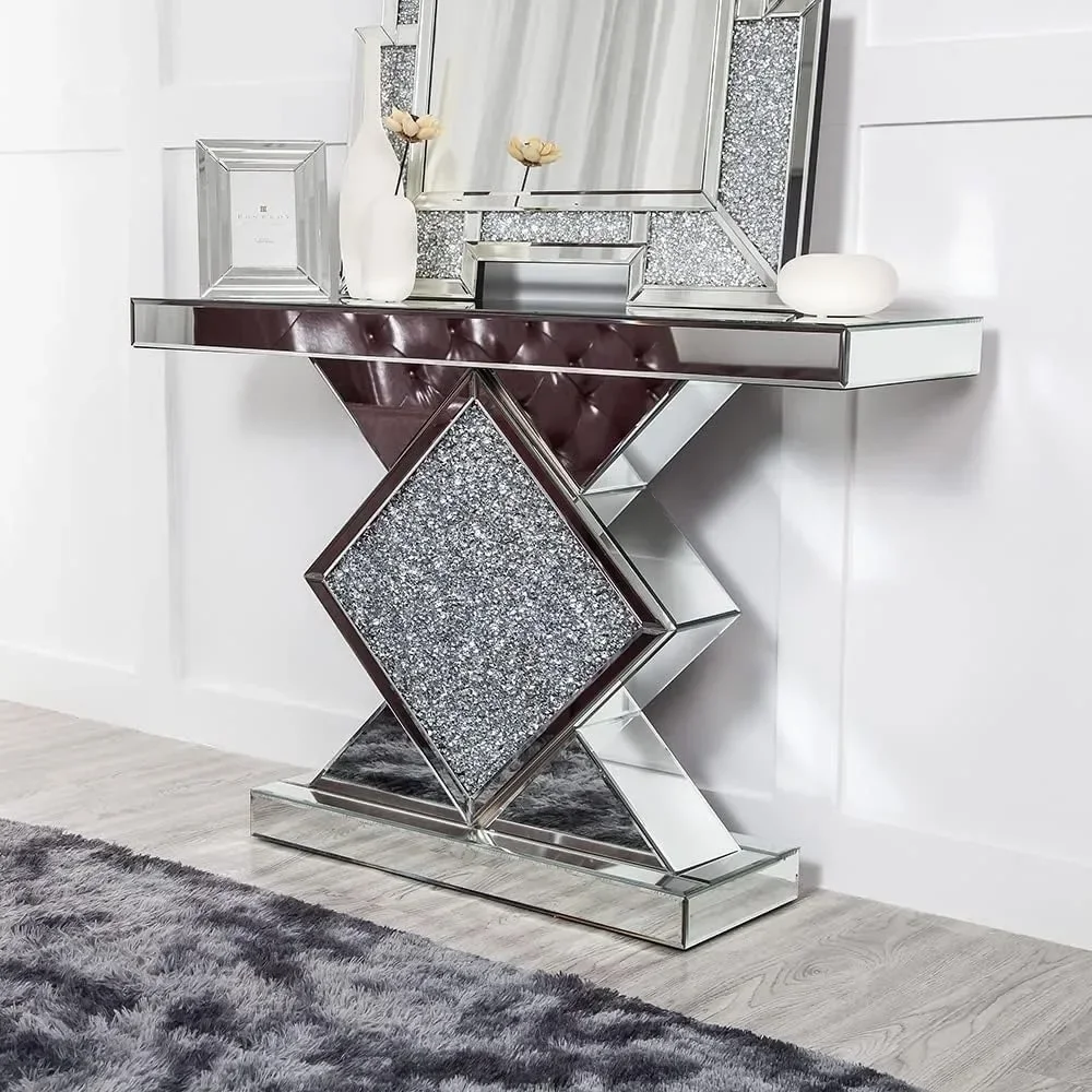 Mesa de entrada con acabado en espejo en forma de diamante, mesa estrecha con acento largo, mesa de sofá, mesa de vestíbulo para entrada de pasillo