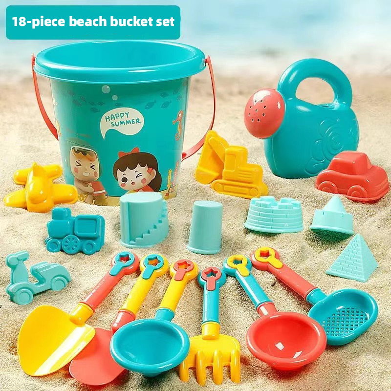 Set da spiaggia estivo da 18 pezzi per bambini, giocattoli per scavare nella sabbia, secchio di plastica, bottiglia per annaffiare, pale, strumenti per giochi acquatici da spiaggia per bambini