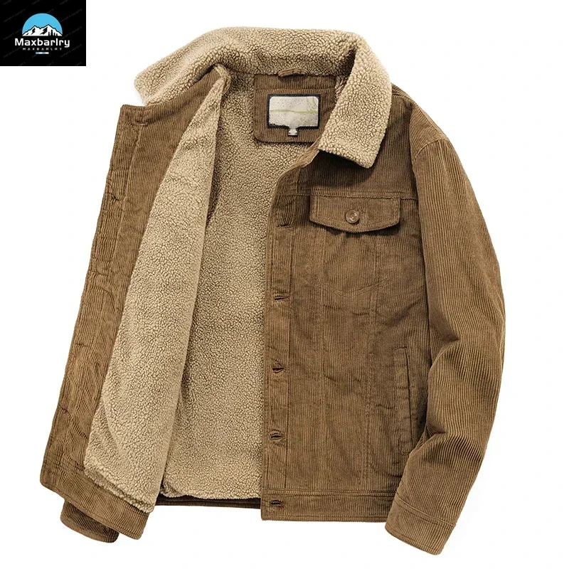 Herren Winterjacke Vintage Khaki Cord Verdickter Fleece-gefütterter warmer Parka Retro Jagd Pelzkragen Winddichter Herrenmantel