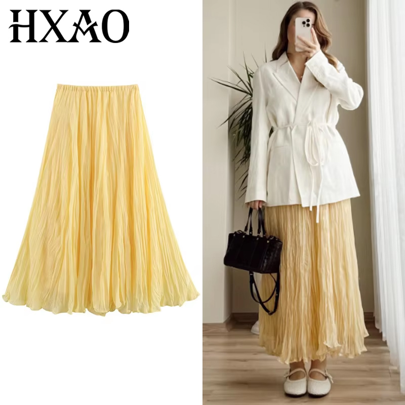 HXAO Damenrock, gelber Faltenrock, Sommer 2025, Midi-Rüschen, hohe Taille, lange Röcke für Frauen, elegante, lässige Urlaubsröcke