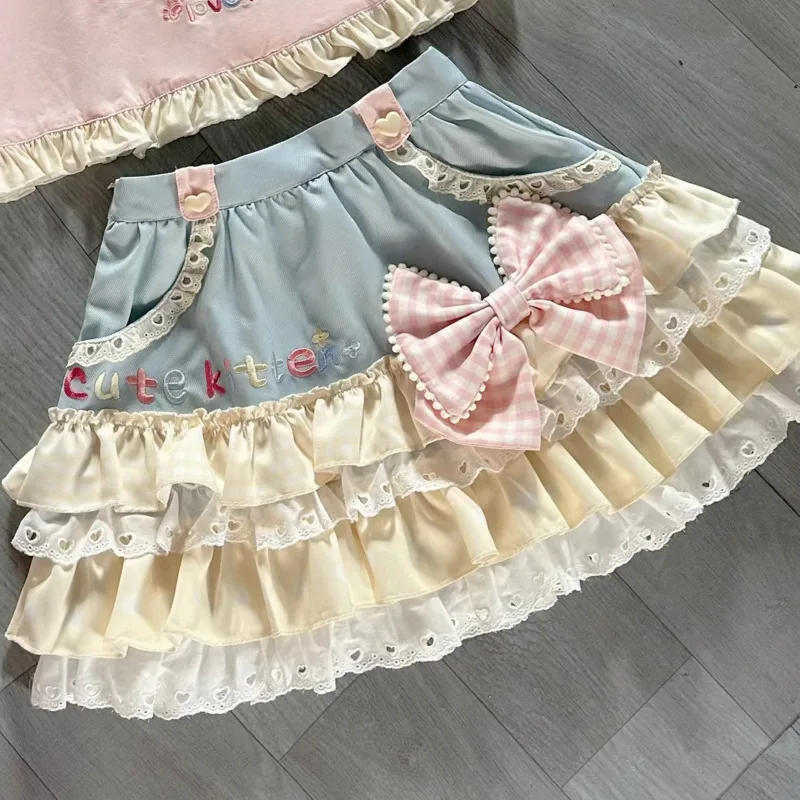 Y2K JK Lolita Japan Kawaii Girl Милая милая кружевная футболка Топы с принтом Лолиты Блузка с бантом и топом А-силуэта Сплайсированная юбка-торт Новый шик