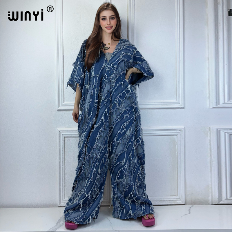 Winyi Originele Gewassen Jacquard Denim Jumpsuit Met Gesplitste Ruwe Randen En Losse Denim Jumpsuit