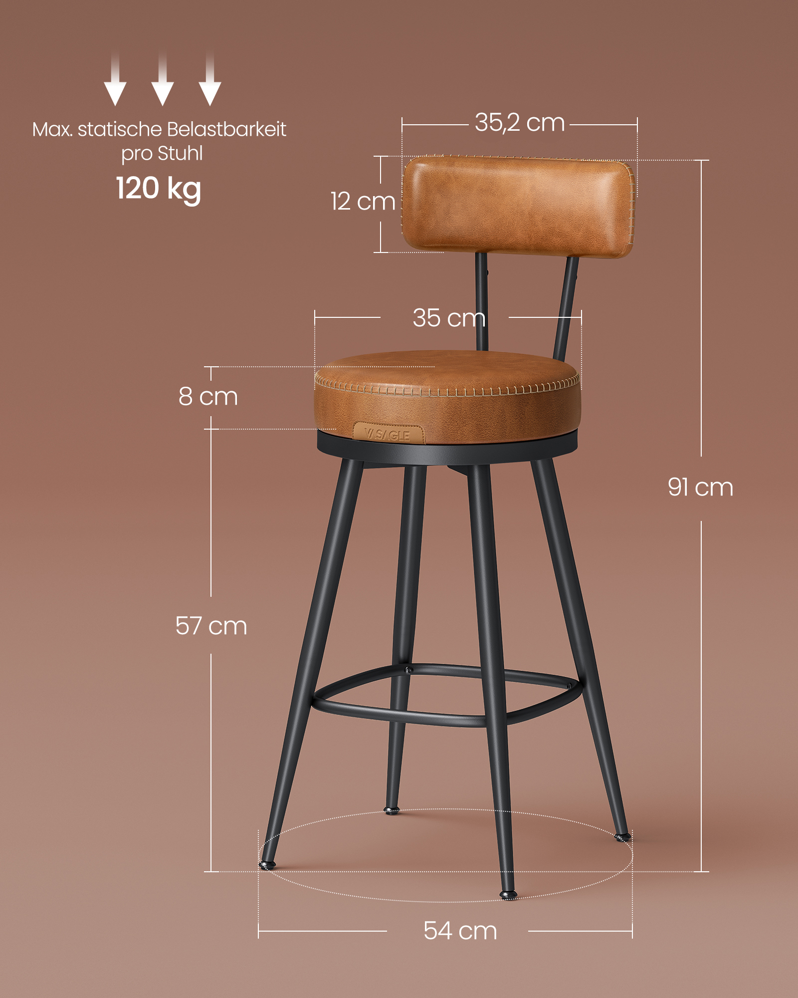 VASAGLE Colección EKHO-360 °   Taburete de bar giratorio, juego de 2 taburetes con respaldo para isla de cocina, piel sintética con costuras