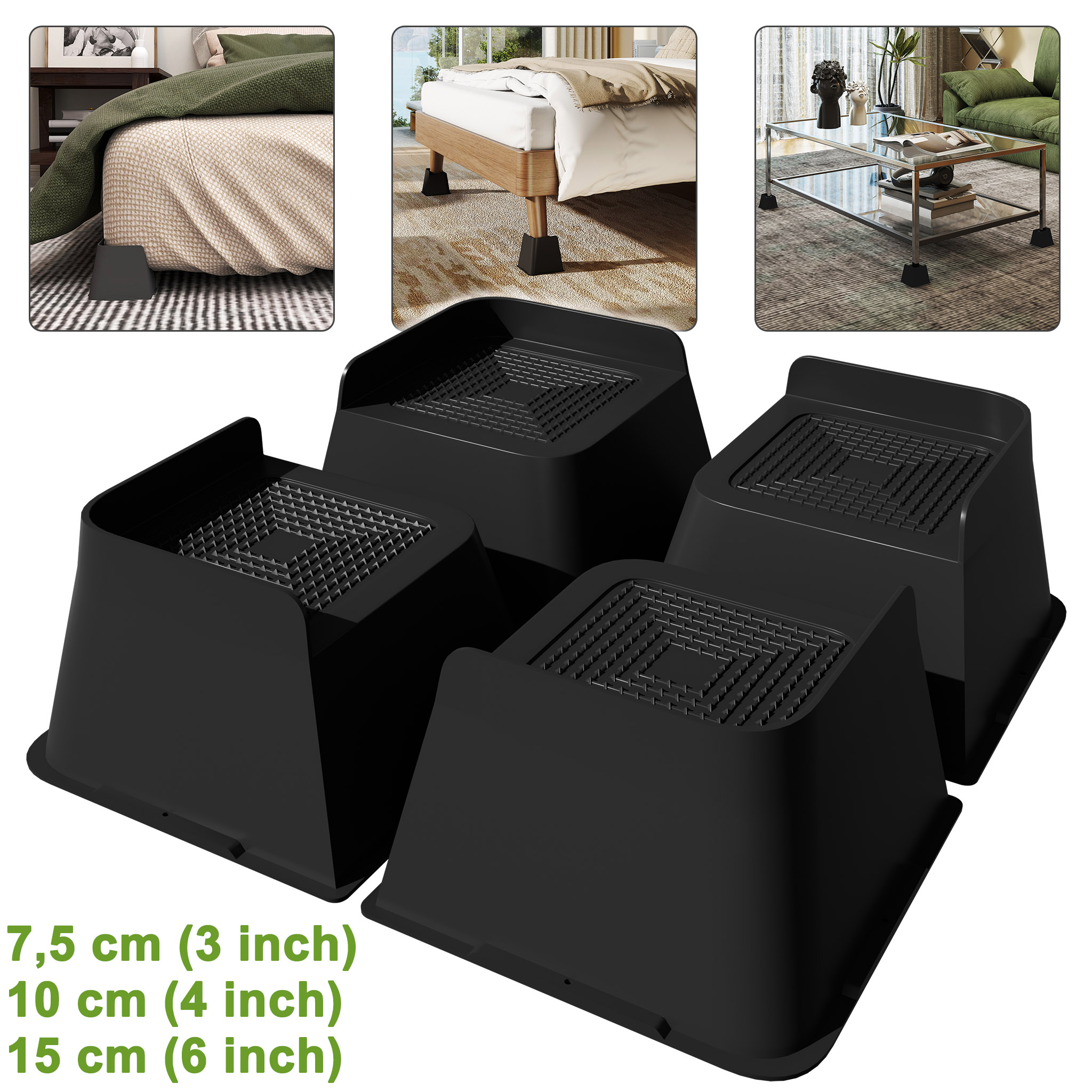 4 Stück Möbelerhöhungen, Höhe 7,5 cm/10 cm/15 cm, L-förmige Möbelerhöhungen für Bett, Sofa, Tisch, Stuhl & Schreibtisch, rutschfeste Bett-Erhöhungen, Tisch-Erhöhungen, Sofa-Erhöhungen, Tragfähigkeit 2000 kg, Schwarz