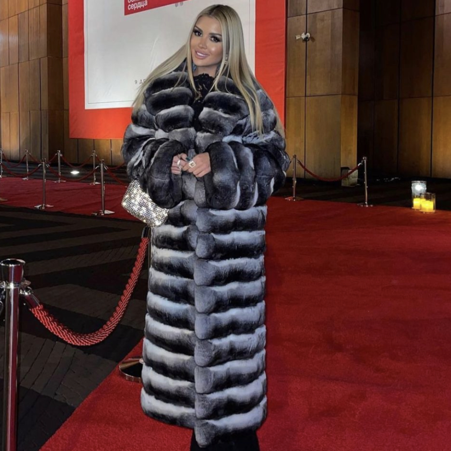 Abrigo de piel Natural para mujer de invierno, abrigo largo de piel de conejo Rex auténtica, chaqueta de piel de conejo de Color Chinchilla