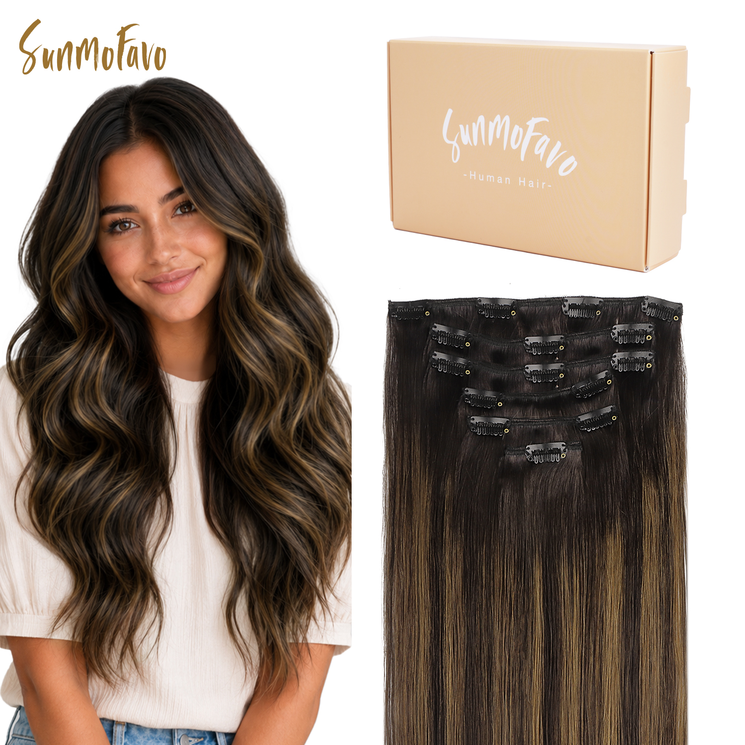 Extensões de cabelo humano com clipe Sunmofavo, lisas, castanho claro natural, balayage, ombré, peças de cabelo pretas para mulheres, cabeça inteira