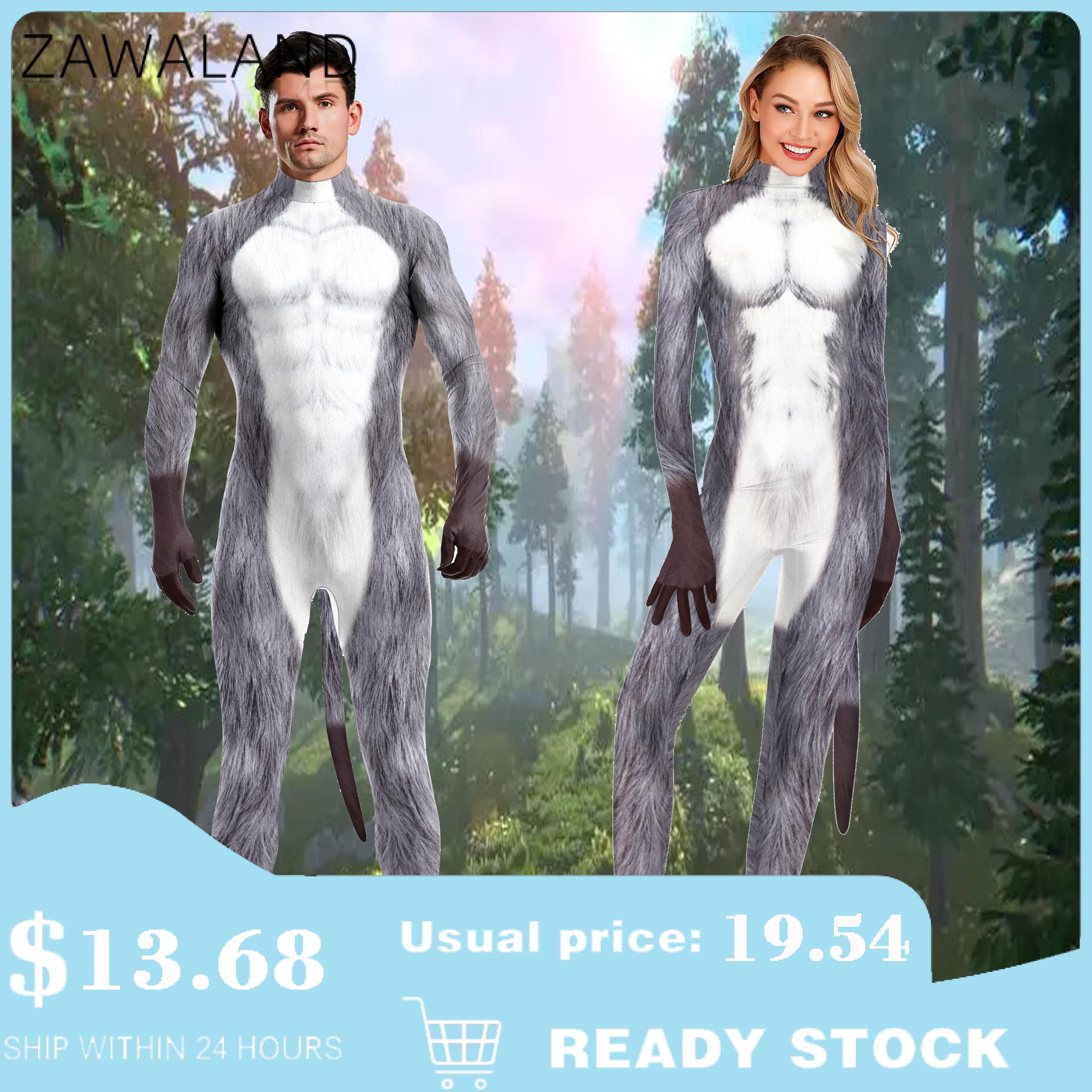 Zawaland-Costume de Cosplay Imprimé Loup pour Femme, Combinaison Adulte Trempée, Catsuits de Carnaval Zentai avec Queue, Combinaison de Batterie