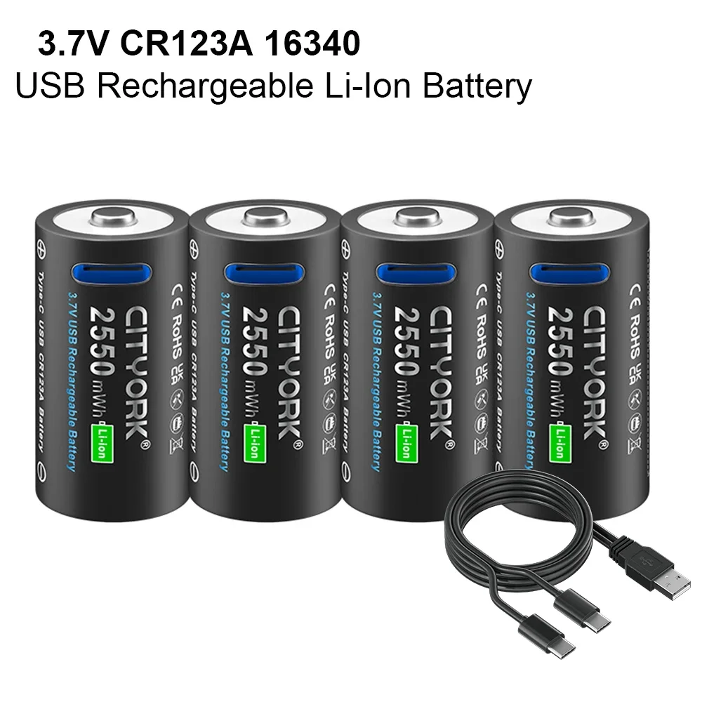 CITTORK baterai isi ulang daya Port USB, baterai 3.7V CR123 CR123A kapasitas sebenarnya 16340 16350 untuk Senter