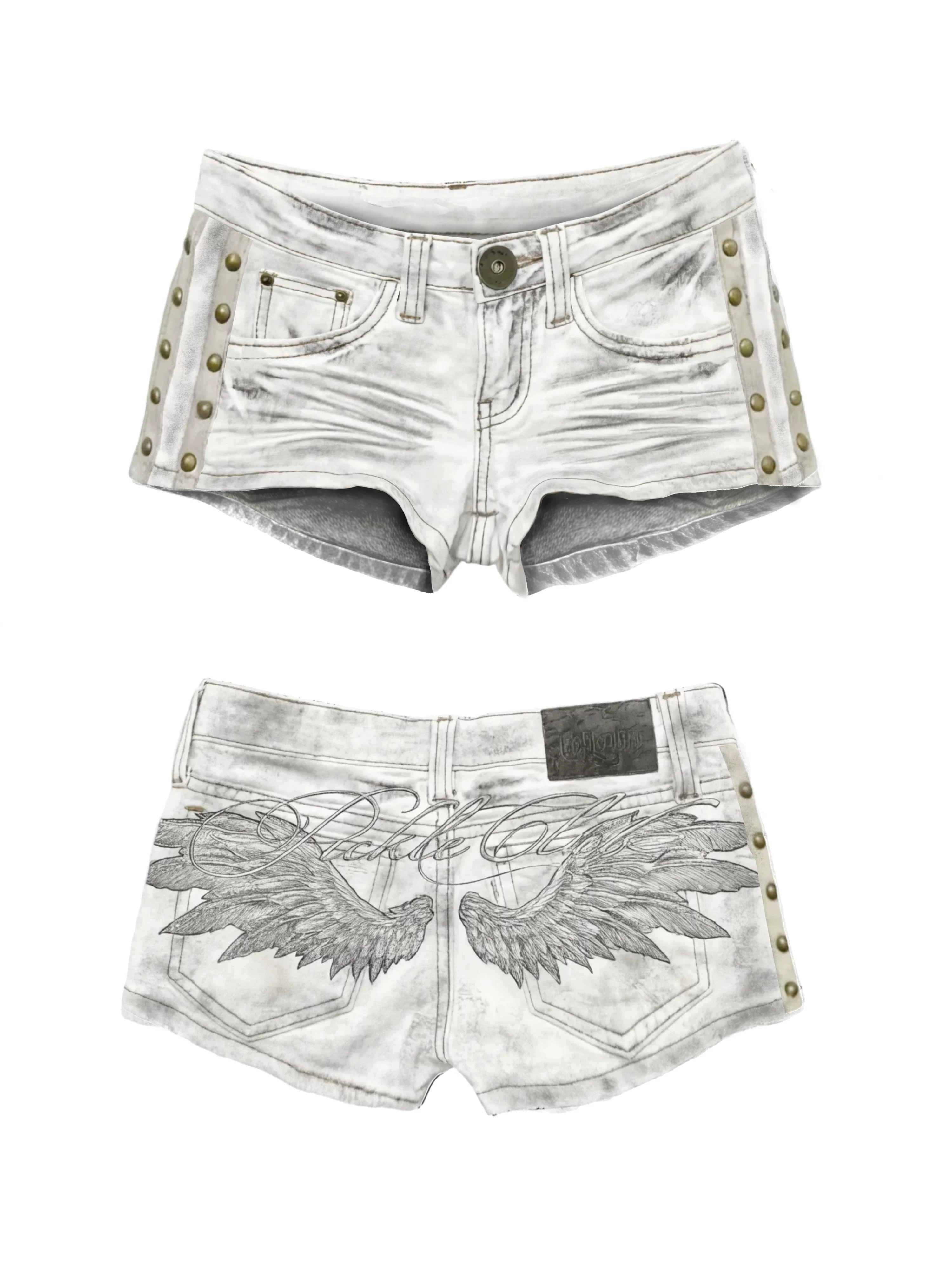 Y2K Hot Girl Engelenvleugels Geborduurd Vest Denim Shorts Pak Retro Sexy Shorts Subcultuur Punk Klinknagel Ontwerp Lage Taille Broek