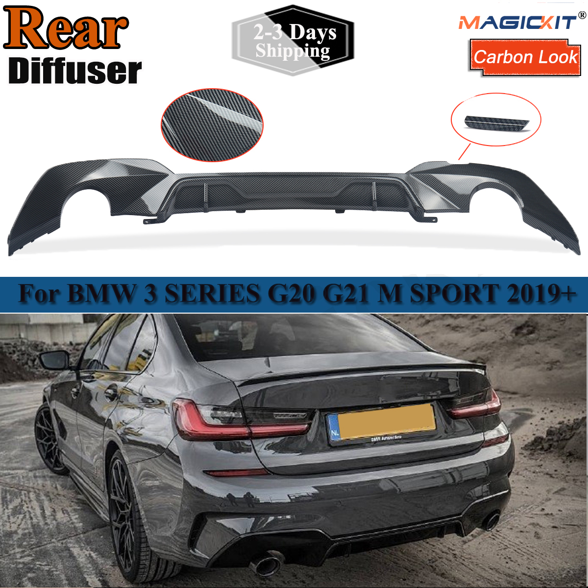 Diffuseur de séparateur de garniture de becquet de lèvre de pare-chocs arrière de voiture pour BMW série 3 G20 G28 M Sport 2019-2020 Double-simple rond