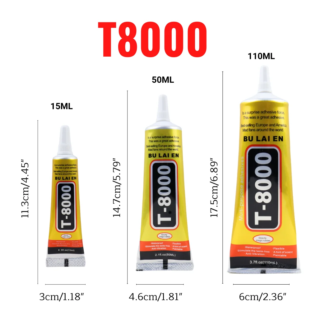 Colle souple Anti-Vibration pour composants électroniques T8000, adhésif transparent pour réparation de téléphone T-8000 avec applicateur de précision 15/50/110 ML