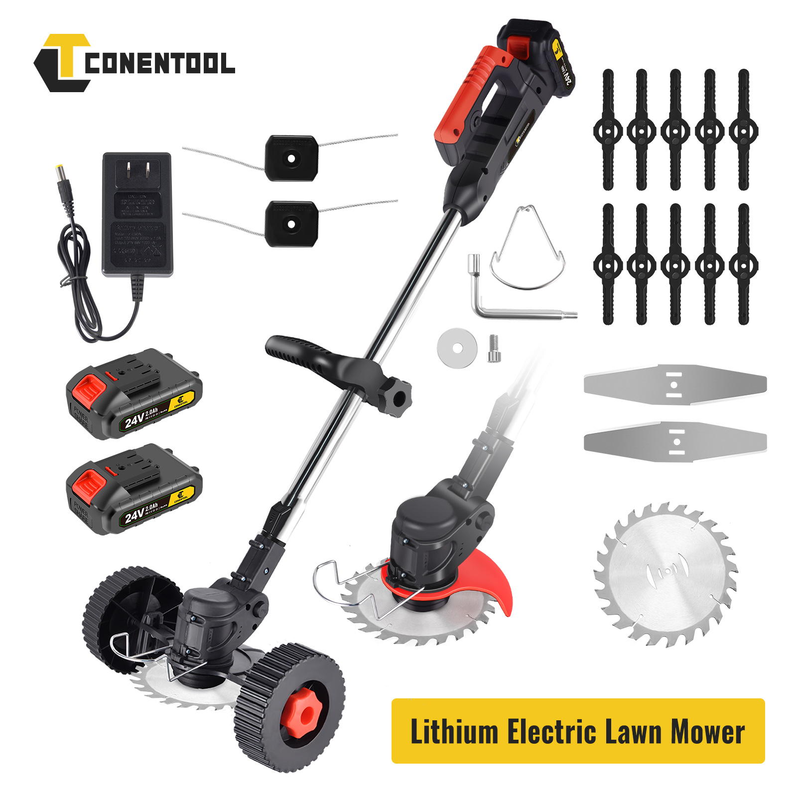 Conentool-cortacésped inalámbrico de 24V, cortacésped de jardín con 2 baterías de 2000mAh y 15 cuchillas